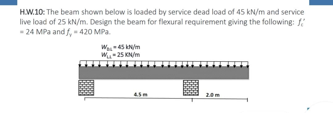 H.W.10: The beam shown below is loaded by service dead load of 45 kN/m and service
live load of 25 kN/m. Design the beam for flexural requirement giving the following: f
= 24 MPa and fy = 420 MPa.
WD.L=45 kN/m
WLL = 25 KN/m
4.5 m
2.0 m