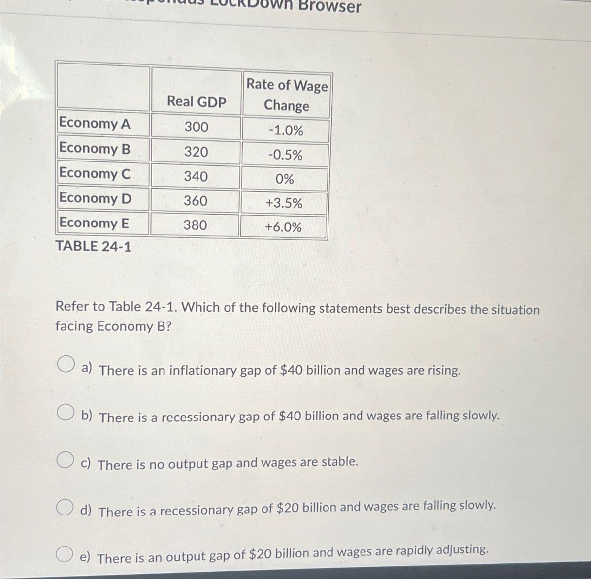 Browser
Real GDP
Rate of Wage
Change
Economy A
300
-1.0%
Economy B
320
-0.5%
Economy C
340
0%
Economy D
360
+3.5%
Economy E
380
+6.0%
TABLE 24-1
Refer to Table 24-1. Which of the following statements best describes the situation
facing Economy B?
a) There is an inflationary gap of $40 billion and wages are rising.
b) There is a recessionary gap of $40 billion and wages are falling slowly.
c) There is no output gap and wages are stable.
d) There is a recessionary gap of $20 billion and wages are falling slowly.
e) There is an output gap of $20 billion and wages are rapidly adjusting.