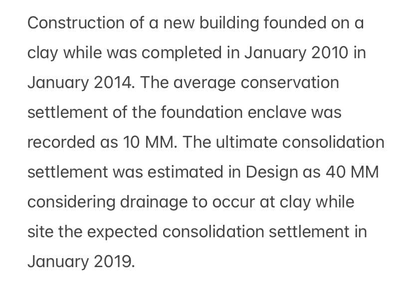 Construction of a new building founded on a
clay while was completed in January 2010 in
January 2014. The average conservation
settlement of the foundation enclave was
recorded as 10 MM. The ultimate consolidation
settlement was estimated in Design as 40 MM
considering drainage to occur at clay while
site the expected consolidation settlement in
January 2019.