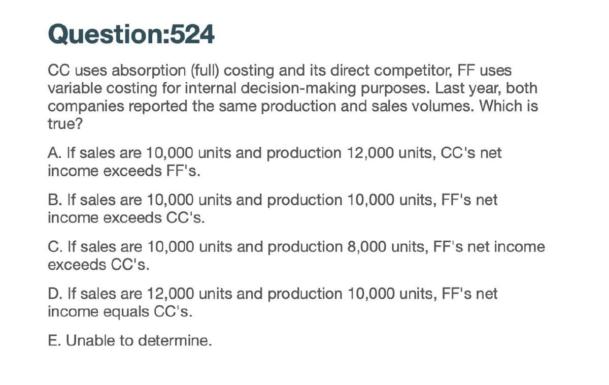 Question:524
CC uses absorption (full) costing and its direct competitor, FF uses
variable costing for internal decision-making purposes. Last year, both
companies reported the same production and sales volumes. Which is
true?
A. If sales are 10,000 units and production 12,000 units, CC's net
income exceeds FF's.
B. If sales are 10,000 units and production 10,000 units, FF's net
income exceeds CC's.
C. If sales are 10,000 units and production 8,000 units, FF's net income
exceeds CC's.
D. If sales are 12,000 units and production 10,000 units, FF's net
income equals CC's.
E. Unable to determine.