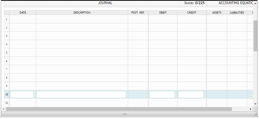 JOURNAL
Score: 0/225
ACCOUNTING EQUATIC
DATE
DESCRIPTION
POST. REF.
DEBIT
CREDIT
ASSETS
LIABILITIES
1
6
7
10
11
