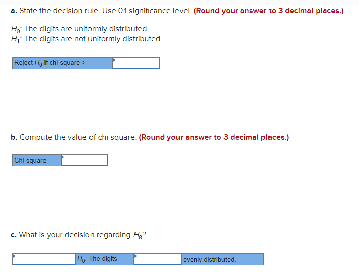 a. State the decision rule. Use 0.1 significance level. (Round your answer to 3 decimal places.)
H₂: The digits are uniformly distributed.
H₁: The digits are not uniformly distributed.
Reject Ho if chi-square >
b. Compute the value of chi-square. (Round your answer to 3 decimal places.)
Chi-square
c. What is your decision regarding H₂?
Ho. The digits
evenly distributed.