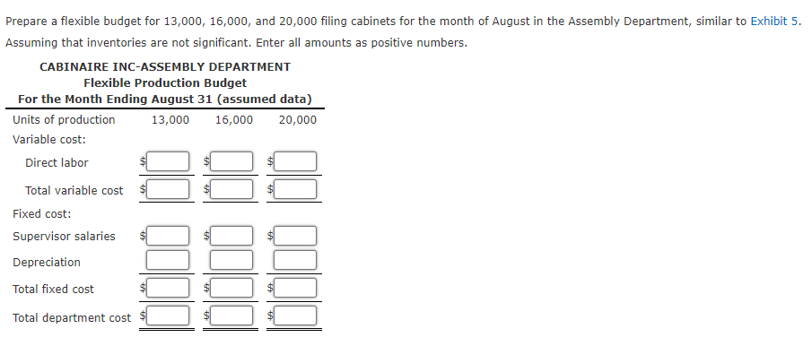 Prepare a flexible budget for 13,000, 16,000, and 20,000o filing cabinets for the month of August in the Assembly Department, similar to Exhibit 5.
Assuming that inventories are not significant. Enter all amounts as positive numbers.
CABINAIRE INC-ASSEMBLY DEPARTMENT
Flexible Production Budget
For the Month Ending August 31 (assumed data)
Units of production
13,000
16,000
20,000
Variable cost:
Direct labor
Total variable cost
Fixed cost:
Supervisor salaries
Depreciation
Total fixed cost
Total department cost
%24
%24
