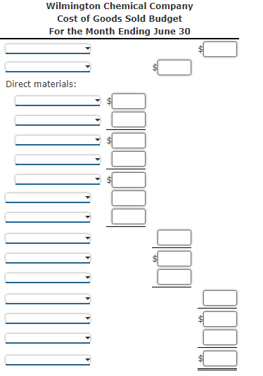 Wilmington Chemical Company
Cost of Goods Sold Budget
For the Month Ending June 30
Direct materials:
