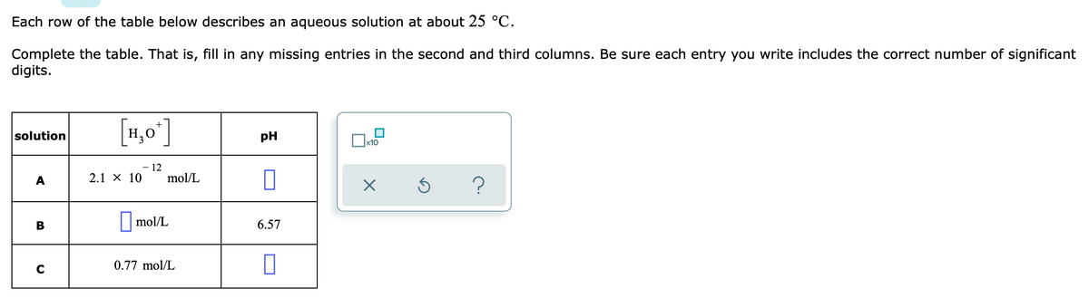 Each row of the table below describes an aqueous solution at about 25 °C.
Complete the table. That is, fill in any missing entries in the second and third columns. Be sure each entry you write includes the correct number of significant
digits.
[4,0°]
solution
pH
x10
12
A
2.1 х 10
mol/L
||mol/L
6.57
В
C
0.77 mol/L
