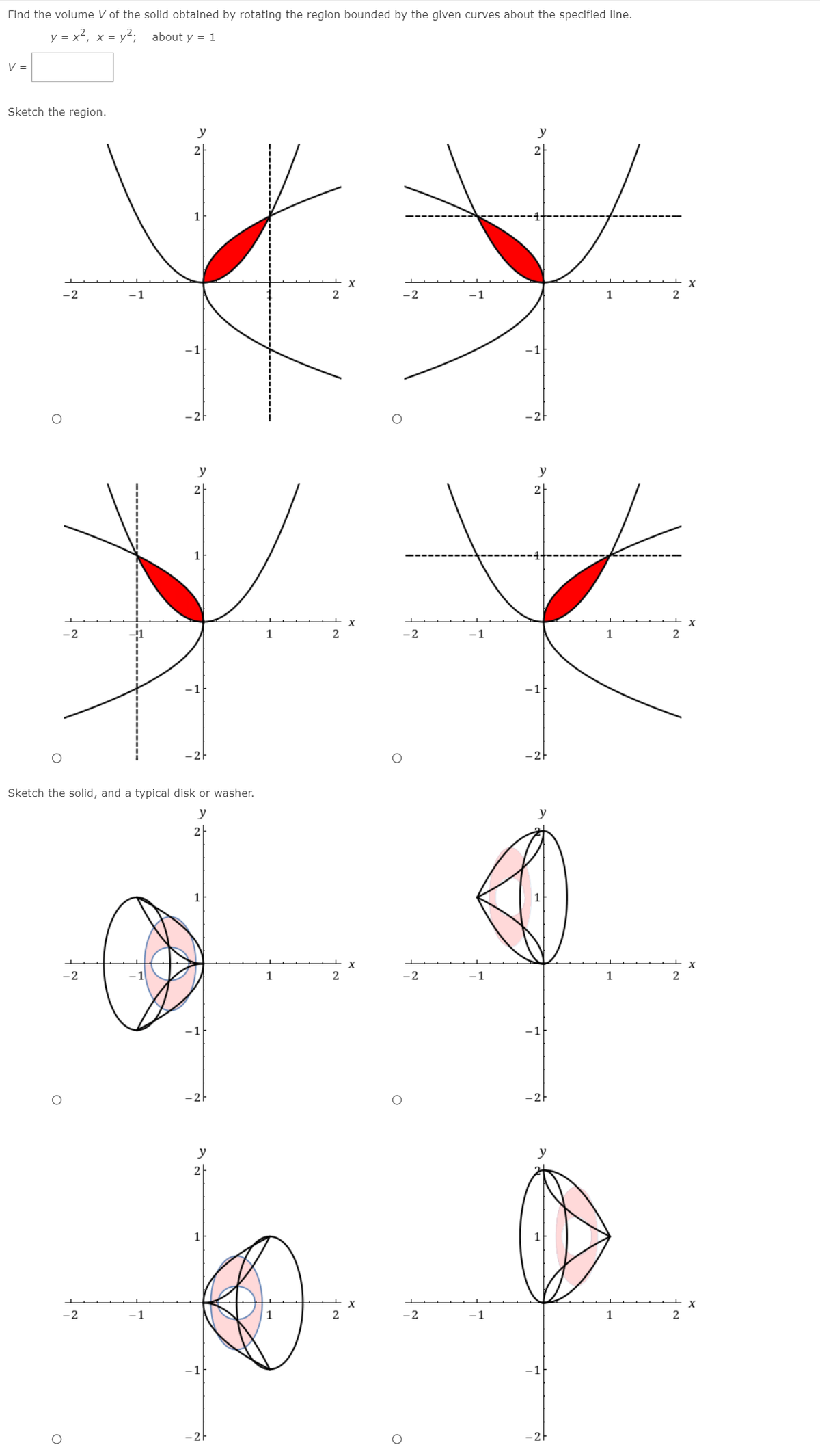 Find the volume V of the solid obtained by rotating the region bounded by the given curves about the specified line.
y = x, x = y²; about y = 1
V =
Sketch the region.
y
y
2|
-2
1
2
-2
-1
1
-1
-21
-2-
y
y
2
2-
X
-2
1
-2
-1
1
-2
Sketch the solid, and a typical disk or washer.
y
2
X
-2
1
-2
-1
1
-2-
-2-
y
y
2
1
1
-2
1
-2
-1
1
2
-2
-2
