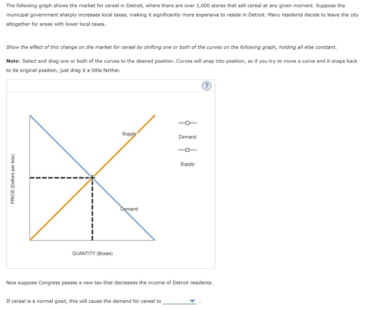 The following graph shows the market for cereal in Detroit, where there are over 1,000 stores that sell cereal at any given moment. Suppose the
municipal government sharply increases local taxes, making it significantly more expensive to reside in Detroit. Many residents decide to leave the city
altogether for areas with lower local taxes.
Show the effect of this change on the market for cereal by shifting one or both of the curves on the following graph, holding all else constant.
Note: Select and drag one or both of the curves to the desired position. Curves will snap into position, so if you try to move a curve and it snaps back
to its original position, just drag it a little farther.
PRICE (Dollars per box)
QUANTITY (Boxes)
Supply
Demand
Demand
If cereal is a normal good, this will cause the demand for cereal to
D-
Supply
?
Now suppose Congress passes a new tax that decreases the income of Detroit residents.