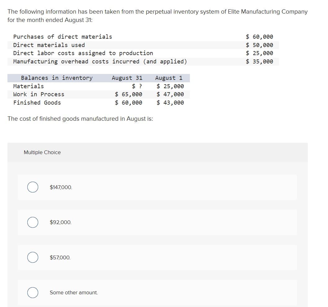 The following information has been taken from the perpetual inventory system of Elite Manufacturing Company
for the month ended August 31:
Purchases of direct materials.
Direct materials used
Direct labor costs assigned to production
Manufacturing overhead costs incurred (and applied)
Balances in inventory
Materials
Work in Process
Finished Goods
Multiple Choice
The cost of finished goods manufactured in August is:
$147,000.
$92,000.
$57,000.
August 31 August 1
$ 25,000
$ 47,000
$ 43,000
Some other amount.
$ 65,000
$ 60,000
$ 60,000
$ 50,000
$ 25,000
$ 35,000