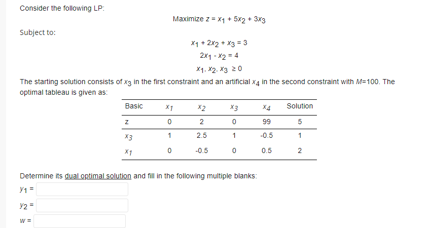 Consider the following LP:
Maximize z = x1 + 5x2 + 3x3
Subject to:
X1 + 2x2 + x3 = 3
2x1 - X2 = 4
X1, X2, X3 20
The starting solution consists of x3 in the first constraint and an artificial x4 in the second constraint with M=100. The
optimal tableau is given as:
Basic
X1
X2
X3
X4
Solution
99
X3
1
2.5
1
-0.5
1
X1
-0.5
0.5
2
Determine its dual optimal solution and fill in the following multiple blanks:
Y1 =
y2 =
W =
