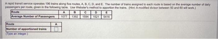 A rapid transit service operates 196 trains along five routes, A, B, C, D, and E. The number of trains assigned to each route is based on the average number of daily
passengers per route, given in the following table. Use Webster's method to apportion the trains. (Hint: A modified divisor between 50 and 60 will work.)
Route
Average Number of Passengers
A.
B
D
E
1077
1392
1594
1521 | 5416
Route
Number of apportioned trains
(Type an integer.)
