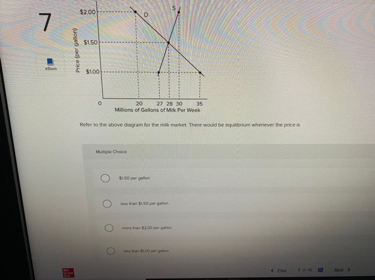 $2.00
7.
$1.50
eBook
$1.00
20
27 28 30
Millions of Gallons of Milk Per Week
35
Refer to the above diagram for the milk market. There would be equilibrium whenever the price is
Multiple Choice
$1.50 per gallon.
less than $1.50 per gallon.
more than $2.00 per gallon.
less than $1.00 per gallon.
< Prev
7 of 16
Next >
Mc
Graw
Hill
Price (per gallon)
