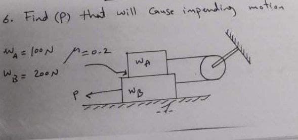 6. Find (P) +that will
impending
motion
-2
WA
W3 = 200N
WB
