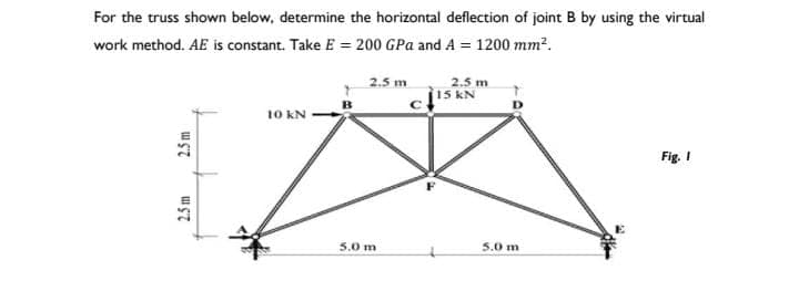 For the truss shown below, determine the horizontal deflection of joint B by using the virtual
work method. AE is constant. Take E = 200 GPa and A = 1200 mm².
2.5 m
2.5m
10 KN
B
2.5 m
5.0 m
2.5 m
C¹5
15 KN
с
5.0 m
Fig. I