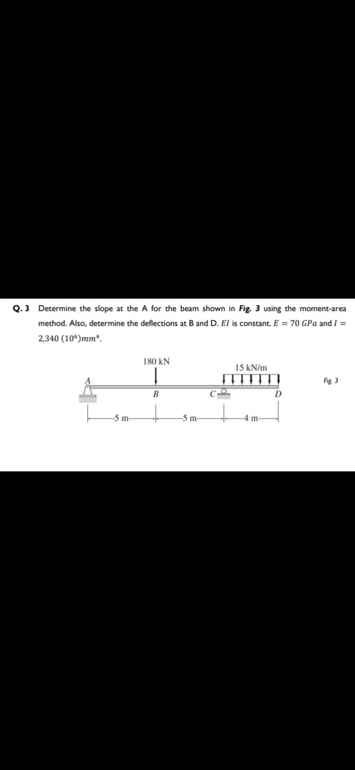 Q. 3
Determine the slope at the A for the beam shown in Fig. 3 using the moment-area
method. Also, determine the deflections at B and D. El is constant. E = 70 GPa and I =
2,340 (106)mm*.
180 kN
15 kN/m
Fig. 3
B
D
5 m
-5 m
