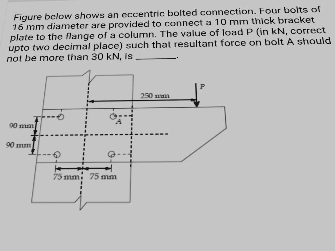 Figure below shows an eccentric bolted connection. Four bolts of
16 mm diameter are provided to connect a 10 mm thick bracket
plate to the flange of a column. The value of load P (in kN, correct
upto two decimal place) such that resultant force on bolt A should
not be more than 30 kN, is
P
250 mm
90 mm
90 mm
75 mmi 75 mm
