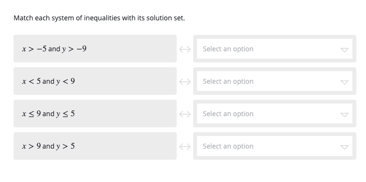 Match each system of inequalities with its solution set.
x> -5 and y > -9
Select an option
x < 5 and y < 9
Select an option
x< 9 and y < 5
Select an option
x> 9 and y > 5
Select an option
