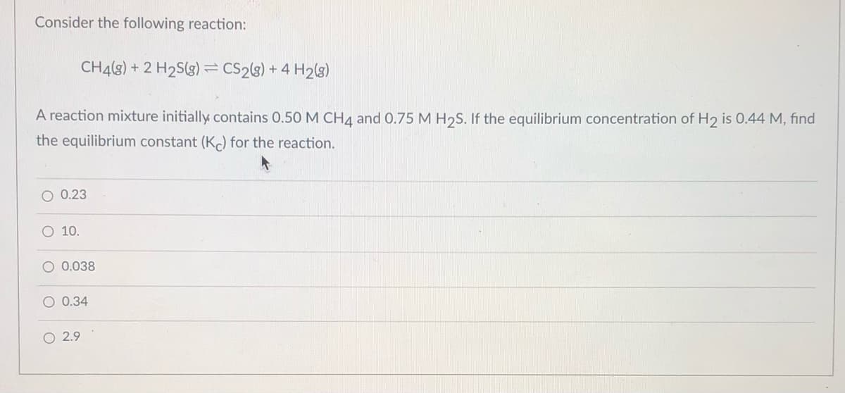 Consider the following reaction:
CH4(g) + 2 H2S(3)= CS29) + 4 H2(3)
A reaction mixture initially contains 0.50 M CH4 and 0.75 M H2S. If the equilibrium concentration of H2 is 0.44 M, find
the equilibrium constant (K) for the reaction.
O 0.23
O 10.
O 0.038
O 0.34
O 2.9
