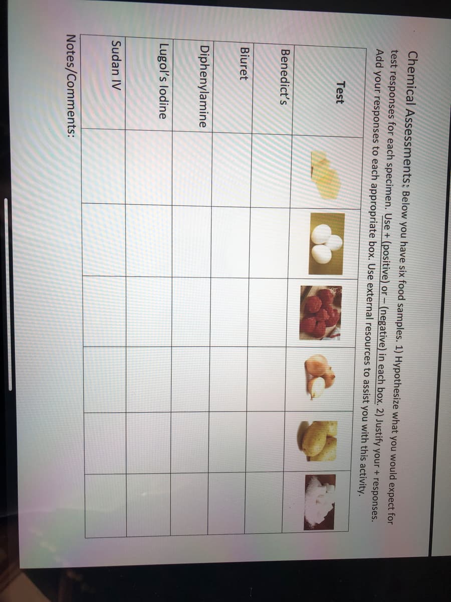 Chemical Assessments; Below you have six food samples. 1) Hypothesize what you would expect for
test responses for each specimen. Use + (positive) or – (negative) in each box. 2) Justify your + responses.
Add your responses to each appropriate box. Use external resources to assist you with this activity.
Test
Benedict's
Biuret
Diphenylamine
Lugol's lodine
Sudan IV
Notes/Comments:
