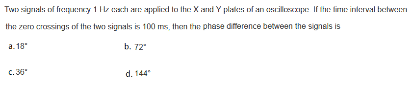 Two signals of frequency 1 Hz each are applied to the X and Y plates of an oscilloscope. If the time interval between
the zero crossings of the two signals is 100 ms, then the phase difference between the signals is
a. 18°
b. 72°
c. 36°
d. 144°
