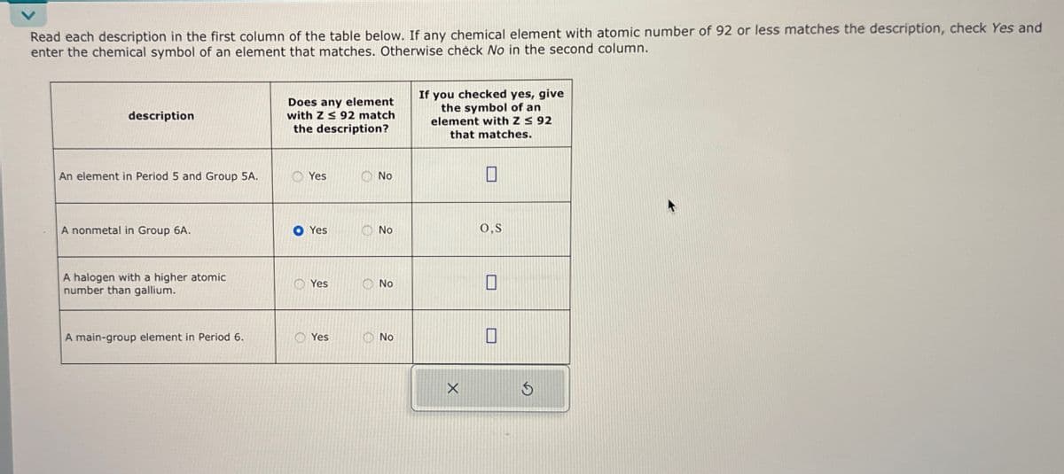 Read each description in the first column of the table below. If any chemical element with atomic number of 92 or less matches the description, check Yes and
enter the chemical symbol of an element that matches. Otherwise check No in the second column.
description
An element in Period 5 and Group 5A.
A nonmetal in Group 6A.
A halogen with a higher atomic
number than gallium.
A main-group element in Period 6.
Does any element
with Z≤ 92 match
the description?
Yes
Yes
Yes
Yes
No
No
No
No
If you checked yes, give
the symbol of an
element with Z ≤ 92
that matches.
X
O,S
1
3