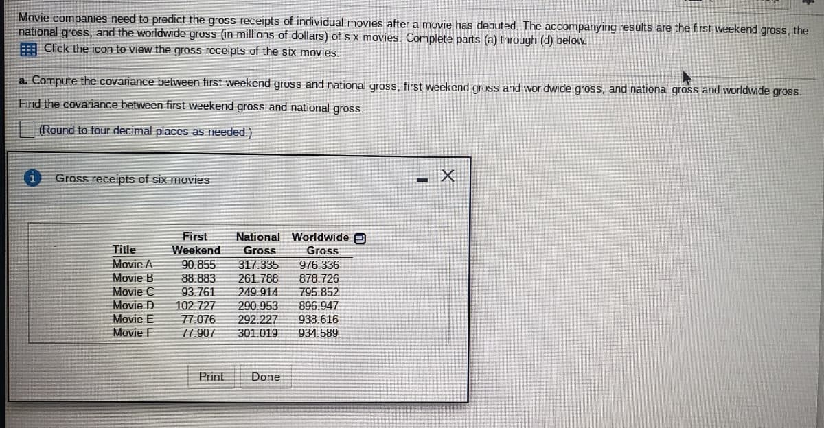 a. Compute the covariance between first weekend gross and national gross, first weekend gross and worldwide gross, and national gross and worldwide gross.
