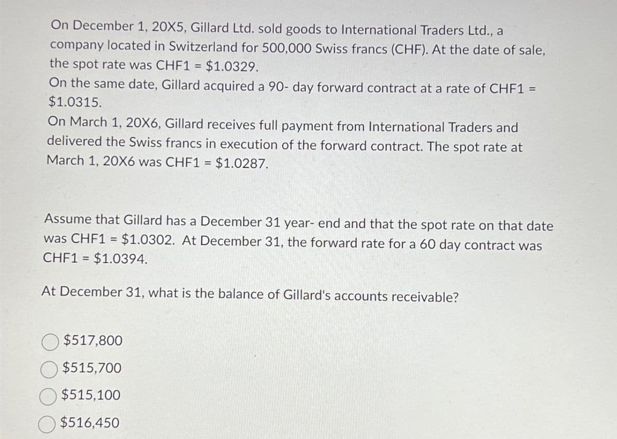 On December 1, 20X5, Gillard Ltd. sold goods to International Traders Ltd., a
company located in Switzerland for 500,000 Swiss francs (CHF). At the date of sale,
the spot rate was CHF1 = $1.0329.
On the same date, Gillard acquired a 90- day forward contract at a rate of CHF1 =
$1.0315.
On March 1, 20X6, Gillard receives full payment from International Traders and
delivered the Swiss francs in execution of the forward contract. The spot rate at
March 1, 20X6 was CHF1 = $1.0287.
Assume that Gillard has a December 31 year-end and that the spot rate on that date
was CHF1 = $1.0302. At December 31, the forward rate for a 60 day contract was
CHF1 = $1.0394.
At December 31, what is the balance of Gillard's accounts receivable?
$517,800
$515,700
$515,100
$516,450