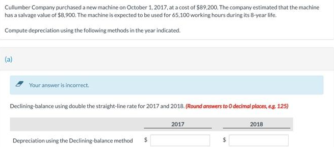 Cullumber Company purchased a new machine on October 1, 2017, at a cost of $89,200. The company estimated that the machine
has a salvage value of $8,900. The machine is expected to be used for 65,100 working hours during its 8-year life.
Compute depreciation using the following methods in the year indicated.
(a)
Your answer is incorrect.
Declining-balance using double the straight-line rate for 2017 and 2018. (Round answers to O decimal places, eg. 125)
2017
2018
Depreciation using the Declining-balance method
%24
