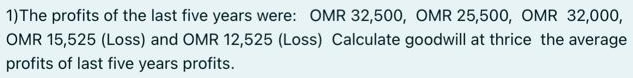 1)The profits of the last five years were: OMR 32,500, OMR 25,500, OMR 32,000,
OMR 15,525 (Loss) and OMR 12,525 (Loss) Calculate goodwill at thrice the average
profits of last five years profits.
