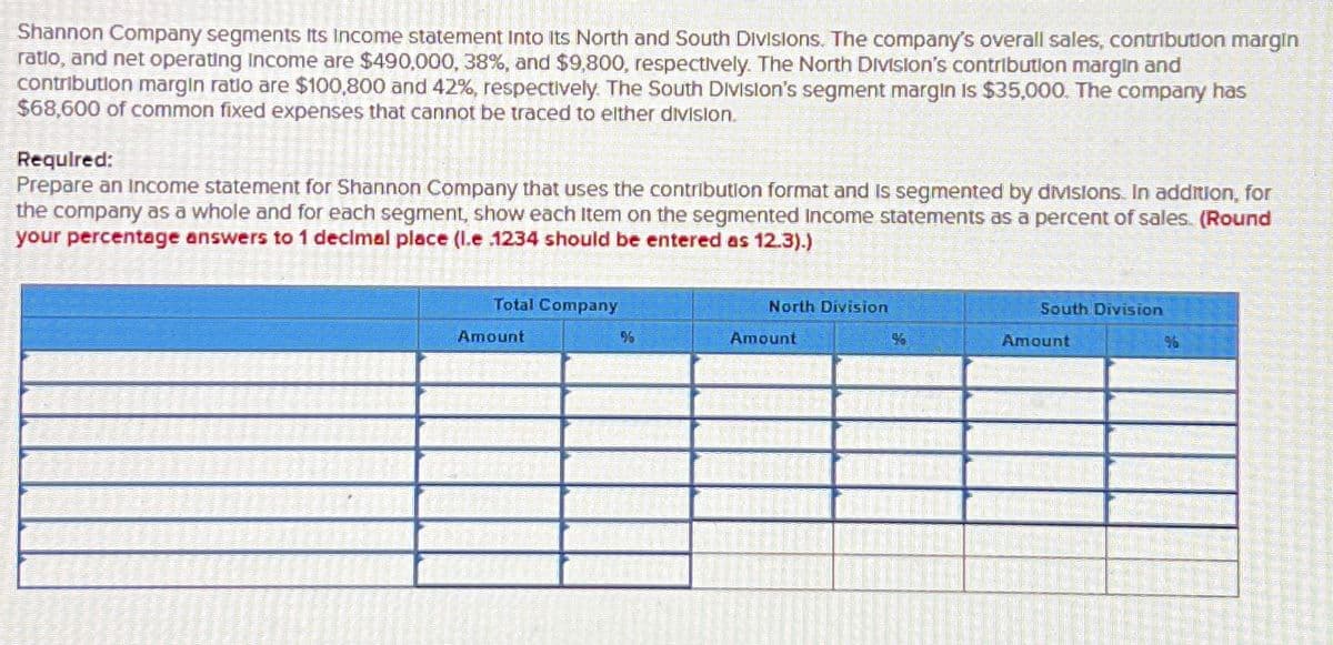 Shannon Company segments Its Income statement Into Its North and South Divisions. The company's overall sales, contribution margin
ratio, and net operating Income are $490,000, 38%, and $9,800, respectively. The North Division's contribution margin and
contribution margin ratio are $100,800 and 42%, respectively. The South Division's segment margin is $35,000. The company has
$68,600 of common fixed expenses that cannot be traced to either division.
Required:
Prepare an income statement for Shannon Company that uses the contribution format and is segmented by divisions. In addition, for
the company as a whole and for each segment, show each item on the segmented Income statements as a percent of sales. (Round
your percentage answers to 1 decimal place (l.e .1234 should be entered as 12.3).)
Total Company
North Division
South Division
Amount
%
Amount
%
Amount
96