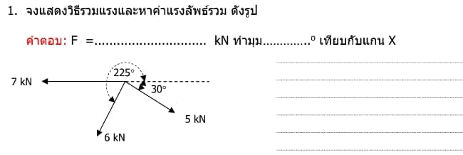 1. จงแสดงวิธีรวมแรงและหาค่าแรงลัพธ์รวม
คําตอบ: F =..
7 kN
225°
6 KN
30°
ดังรูป
kN ................... เทียบกับแกน X
5 KN