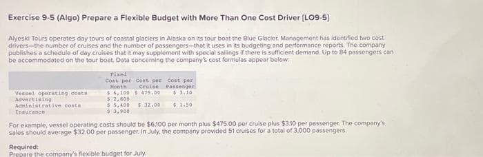 Exercise 9-5 (Algo) Prepare a Flexible Budget with More Than One Cost Driver [LO9-5]
Alyeski Tours operates day tours of coastal glaciers in Alaska on its tour boat the Blue Glacier. Management has identified two cost
drivers-the number of cruises and the number of passengers-that it uses in its budgeting and performance reports. The company
publishes a schedule of day cruises that it may supplement with special sailings if there is sufficient demand. Up to 84 passengers can
be accommodated on the tour boat. Data concerning the company's cost formulas appear below.
Vessel operating costs
Advertising
Administrative costa
Insurance
Fixed
Cost per Cost per cost per
Month
Cruise
$ 6,100 $475.00
Passenger
$ 3.10
$ 2,800
$ 32.00
$1.50
$5,400
$3,900
For example, vessel operating costs should be $6,100 per month plus $475.00 per cruise plus $3.10 per passenger. The company's
sales should average $32.00 per passenger. In July, the company provided 51 cruises for a total of 3,000 passengers.
Required:
Prepare the company's flexible budget for July