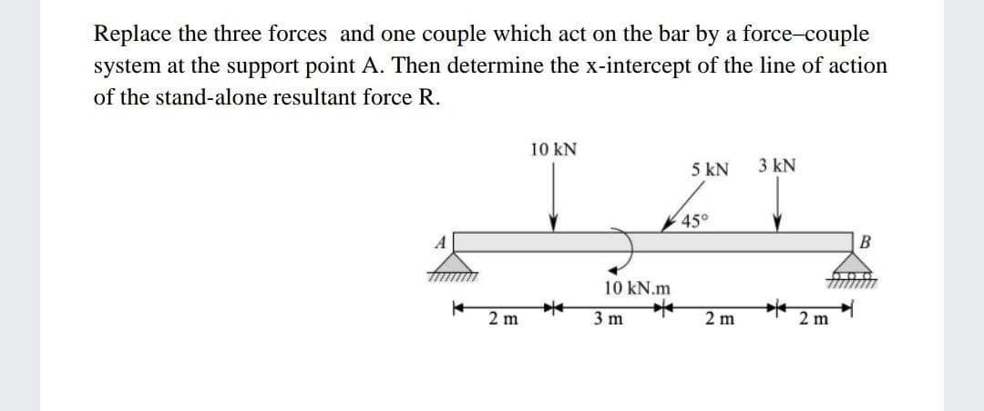 Replace the three forces and one couple which act on the bar by a force-couple
system at the support point A. Then determine the x-intercept of the line of action
of the stand-alone resultant force R.
10 kN
5 kN
3 kN
45°
В
10 kN.m
2 m
3 m
2 m
2 m
