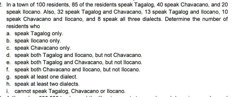 2. In a town of 100 residents, 85 of the residents speak Tagalog, 40 speak Chavacano, and 20
speak llocano. Also, 32 speak Tagalog and Chavacano, 13 speak Tagalog and llocano, 10
speak Chavacano and llocano, and 8 speak all three dialects. Determine the number of
residents who
a. speak Tagalog only.
b. speak llocano only.
c. speak Chavacano only.
d. speak both Tagalog and llocano, but not Chavacano.
e. speak both Tagalog and Chavacano, but not llocano.
f. speak both Chavacano and llocano, but not llocano.
g. speak at least one dialect.
h. speak at least two dialects.
i. cannot speak Tagalog, Chavacano or llocano.
