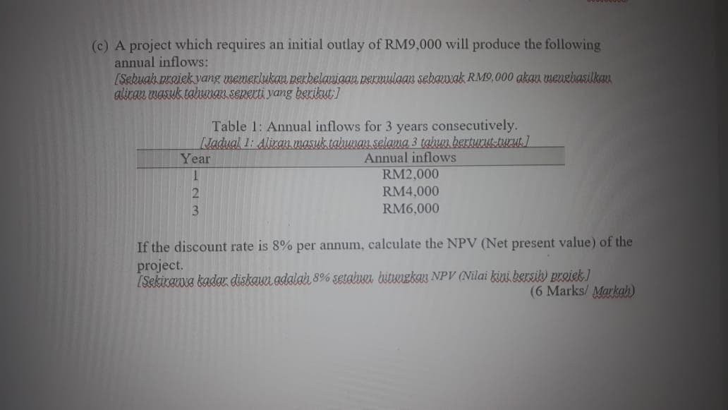 (c) A project which requires an initial outlay of RM9,000 will produce the following
annual inflows:
[Sebuak nroiek yang memerluka perbelaniaan pernulaan sehanvak, RM9,000 akau meugbasilkan
aliran masuk tahunan.senerti yang berikut:1
Table 1: Annual inflows for 3 years consecutively.
Jadual 1: Aliran masuk tahunan selama 3 tahun berturuLAUM ]
Year
Annual inflows
RM2,000
RM4,000
RM6,000
3
If the discount rate is 8% per annum, calculate the NPV (Net present value) of the
project.
[Sekirane kada: diskaum adalah 8% setaln bituekan NPV (Nilai kini bersik) prgiek ]
(6 Marks/ Markgh)
