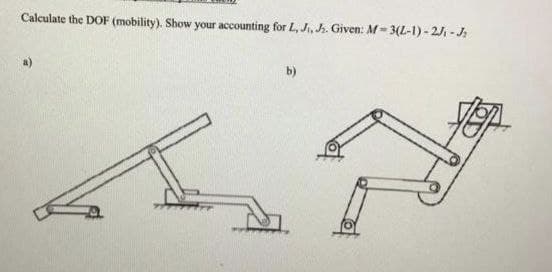 Calculate the DOF (mobility). Show your accounting for L, J, J. Given: M-3(2-1)-2J₁-J₂
b)