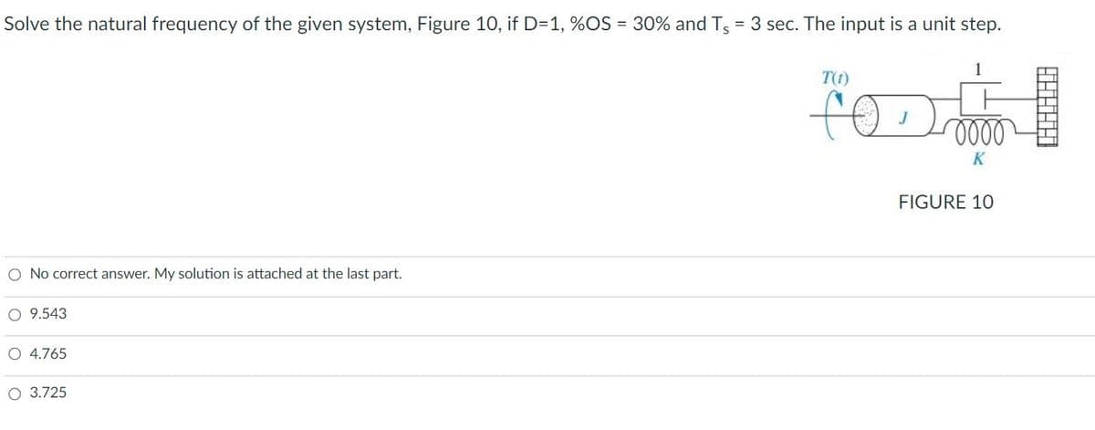 Solve the natural frequency of the given system, Figure 10, if D=1, %OS = 30% and Ts = 3 sec. The input is a unit step.
T(t)
K
FIGURE 10
O No correct answer. My solution is attached at the last part.
O 9.543
O 4.765
O 3.725
