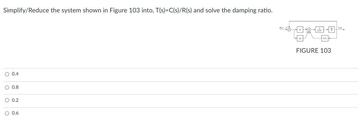 Simplify/Reduce the system shown in Figure 103 into, T(s)=C(s)/R(s) and solve the damping ratio.
R(s)
C(s)
20
10
s+12
10
0.2s
FIGURE 103
O 0.4
0.8
0.2
0.6
