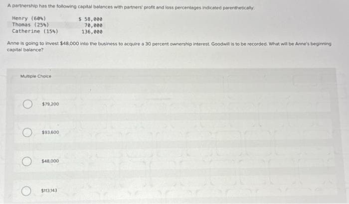 A partnership has the following capital balances with partners' profit and loss percentages indicated parenthetically.
Henry (60%)
Thomas (25%)
Catherine (15%)
Anne is going to invest $48,000 into the business to acquire a 30 percent ownership interest. Goodwill is to be recorded. What will be Anne's beginning
capital balance?
Multiple Choice
$79,200
$93,600
O$48,000
$ 58,000
70,000
136,000
O $113,143