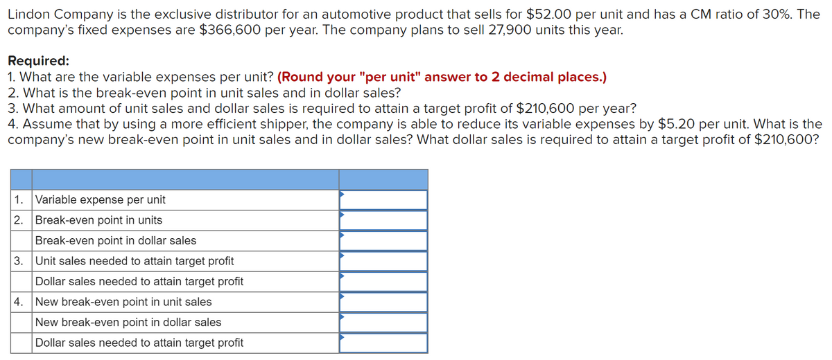 Lindon Company is the exclusive distributor for an automotive product that sells for $52.00 per unit and has a CM ratio of 30%. The
company's fixed expenses are $366,600 per year. The company plans to sell 27,900 units this year.
Required:
1. What are the variable expenses per unit? (Round your "per unit" answer to 2 decimal places.)
2. What is the break-even point in unit sales and in dollar sales?
3. What amount of unit sales and dollar sales is required to attain a target profit of $210,600 per year?
4. Assume that by using a more efficient shipper, the company is able to reduce its variable expenses by $5.20 per unit. What is the
company's new break-even point in unit sales and in dollar sales? What dollar sales is required to attain a target profit of $210,600?
1.
Variable expense per unit
2. Break-even point in units
Break-even point in dollar sales
3.
Unit sales needed to attain target profit
Dollar sales needed to attain target profit
4. New break-even point in unit sales
New break-even point in dollar sales
Dollar sales needed to attain target profit
