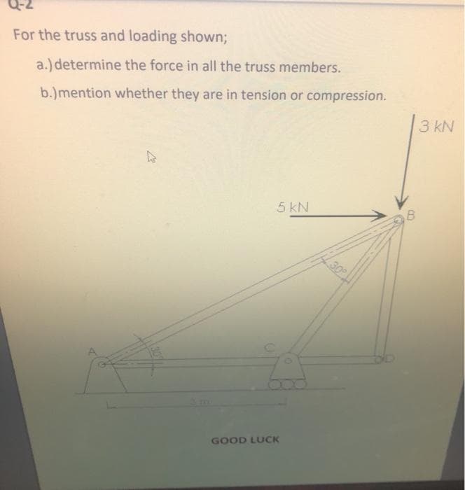 For the truss and loading shown3B
a.) determine the force in all the truss members.
b.)mention whether they are in tension or compression.
3 kN
5 kN
30
GOOD LUCK
