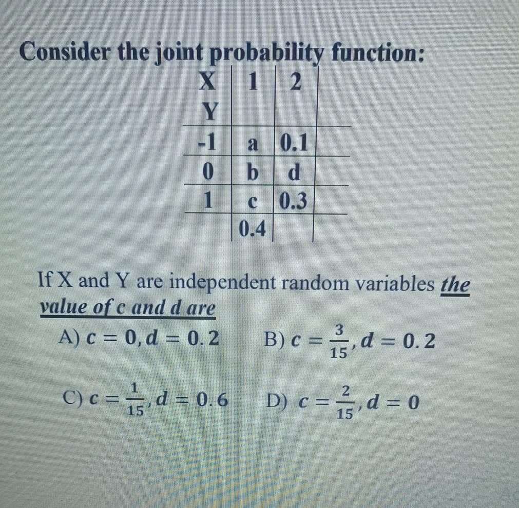 Consider the joint probability function:
1 2
a 0.1
b d
-1
c 0.3
0.4
1
If X and Y are independent random variables the
value of c andd are
3
A) c = 0, d = 0. 2
B) c =d = 0.2
15
C) c =d= 0 6
D) c =d = 0
15
15
