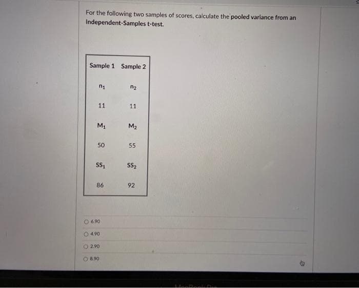 For the following two samples of scores, calculate the pooled variance from an
Independent-Samples t-test.
Sample 1 Sample 2
n2
11
11
M.
M2
50
55
S52
86
92
O 6.90
4.90
O 290
O 890
