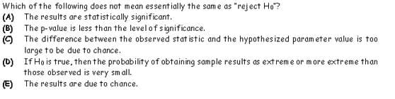 Which of the following does not mean essentially the sam e as "reject Ho?
(A) The results are statistically significant.
(B) The p- value is less than the level of significance.
(O The difference between the observed stat istic and the hypothesized param eter value is too
large to be due to chance.
(D) If Ho is true, then the probability of obtaining sample results as extreme or more extreme than
those obser ved is very sm all.
(E) The results are due to chance.
