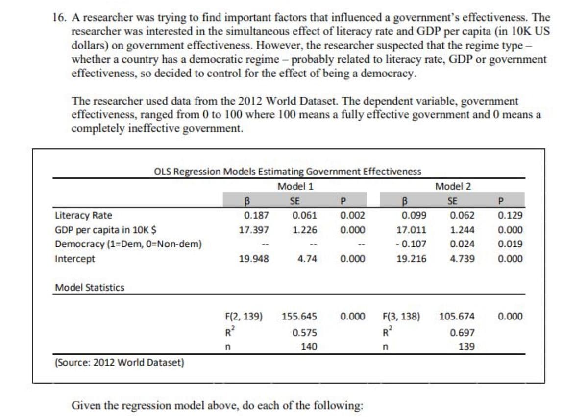 16. A researcher was trying to find important factors that influenced a government's effectiveness. The
researcher was interested in the simultaneous effect of literacy rate and GDP per capita (in 10K US
dollars) on government effectiveness. However, the researcher suspected that the regime type -
whether a country has a democratic regime - probably related to literacy rate, GDP or government
effectiveness, so decided to control for the effect of being a democracy.
The researcher used data from the 2012 World Dataset. The dependent variable, government
effectiveness, ranged from 0 to 100 where 100 means a fully effective government and 0 means a
completely ineffective government.
OLS Regression Models Estimating Government Effectiveness
Model 1
SE
0.061
1.226
Literacy Rate
GDP per capita in 10K $
Democracy (1=Dem, 0=Non-dem)
Intercept
Model Statistics
(Source: 2012 World Dataset)
B
0.187
17.397
19.948
4.74
F(2, 139) 155.645
R²
n
0.575
140
P
0.002
0.000
0.000
B
0.099
17.011
- 0.107
19.216
Given the regression model above, do each of the following:
Model 2
SE
0.062
1.244
0.024
4.739
0.000 F(3, 138) 105.674
R²
n
0.697
139
P
0.129
0.000
0.019
0.000
0.000