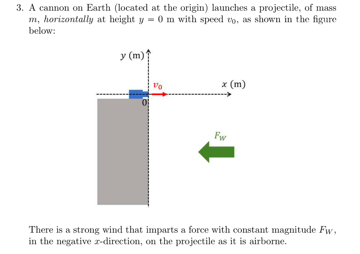 3. A cannon on Earth (located at the origin) launches a projectile, of mass
m, horizontally at height y = 0 m with speed vo, as shown in the figure
below:
y (m) ↑
x (m)
Fw
There is a strong wind that imparts a force with constant magnitude Fw,
in the negative x-direction, on the projectile as it is airborne.
Vo