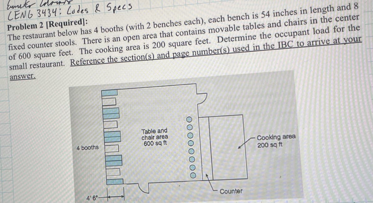 Emiter
CENG 3434: Codes & Specs
Problem 2 [Required]:
The restaurant below has 4 booths (with 2 benches each), each bench is 54 inches in length and 8
fixed counter stools. There is an open area that contains movable tables and chairs in the center
of 600 square feet. The cooking area is 200 square feet. Determine the occupant load for the
small restaurant. Reference the section(s) and page number(s) used in the IBC to arrive at your
answer.
4 booths
4' 6"
Table and
chair area
600 sq ft
00000000
Counter
Cooking area
200 sq ft