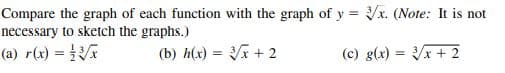 Compare the graph of each function with the graph of y = x. (Note: It is not
necessary to sketch the graphs.)
(a) r(x) =
(b) h(x) = + 2
(c) g(x) = x + 2
