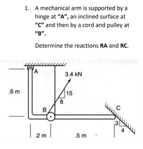 1. A mechanical arm is supported by a
hinge at "A", an inclined surface at
"C" and then by a cord and pulley at
"B".
Determine the reactions RA and RC.
A
3.4 kN
.6 m
15
8
.2 m
.5 m
