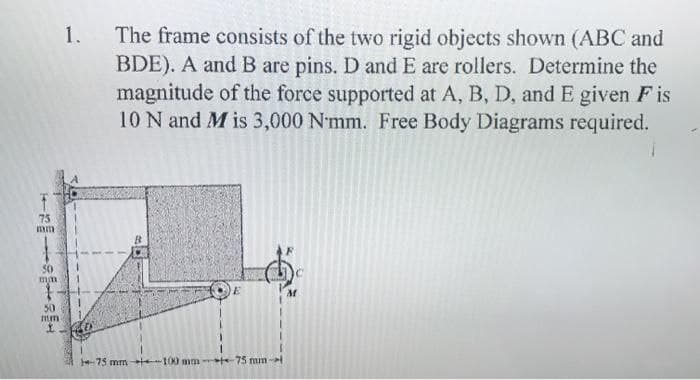 The frame consists of the two rigid objects shown (ABC and
BDE). A and B are pins. D and E are rollers. Determine the
magnitude of the force supported at A, B, D, and E given F is
10 N and M is 3,000 N'mm. Free Body Diagrams required.
1.
75
50
50
mum
-75 mmt100 mm 75 mm-
