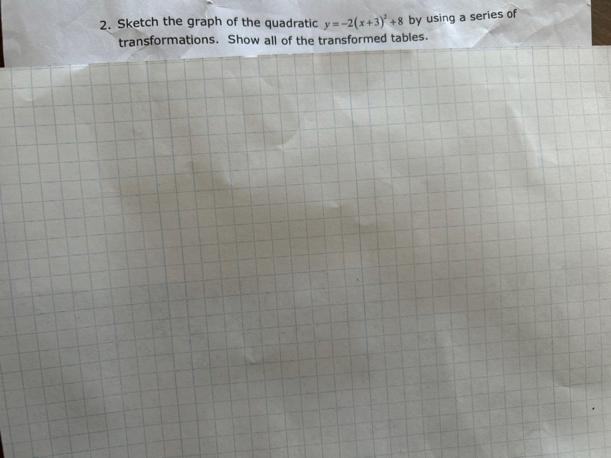 2. Sketch the graph of the quadratic y=-2(x+3)² +8 by using a series of
transformations. Show all of the transformed tables.